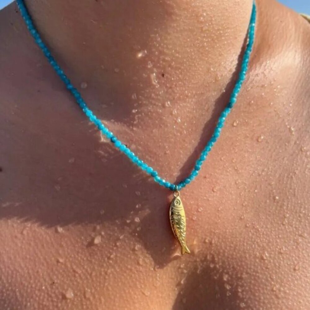 Fish Pendant + Blue Beaded Necklace Gold Fish Necklace WATERPROOF Jewelry PRETTY